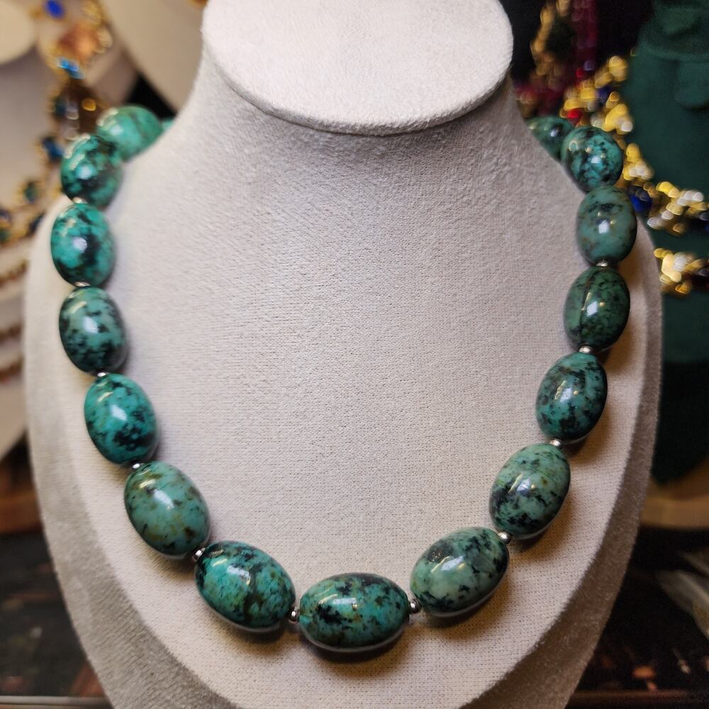 African Turquoise Jasper Necklace Oval Beaded Gemstone Sterling Silver Southwest - Picture 3 of 11